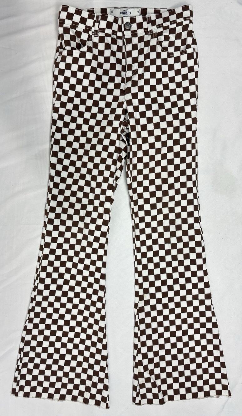 Hollister Women’s Brown White Checkered High Rise Flare Pants Stretch 70’s XS